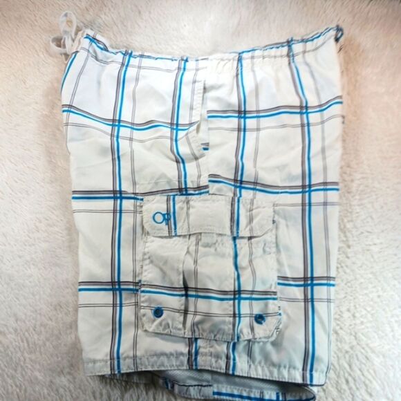 OP White and Blue Plaid Cargo Lined Swim Shorts Trunks Mens XL/XG 40/42.. - Picture 1 of 9